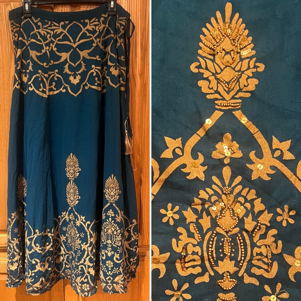 Soft Surroundings Vintage Beaded Sequin Embellished Maxi‎ Skirt Teal Gold Medium